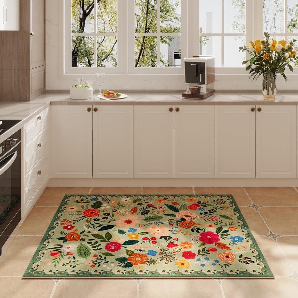Bohemian Floral Doormat Non-slip Absorbent Dirt-Resistant Machine Washable for Bathroom Hallway and Kitchen, 40x60cm, Green