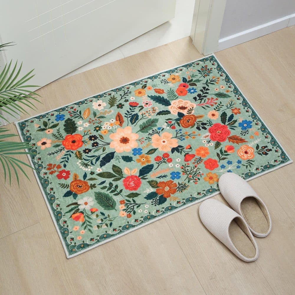 Bohemian Floral Doormat Non-slip Absorbent Dirt-Resistant Machine Washable for Bathroom Hallway and Kitchen, 40x60cm, Green