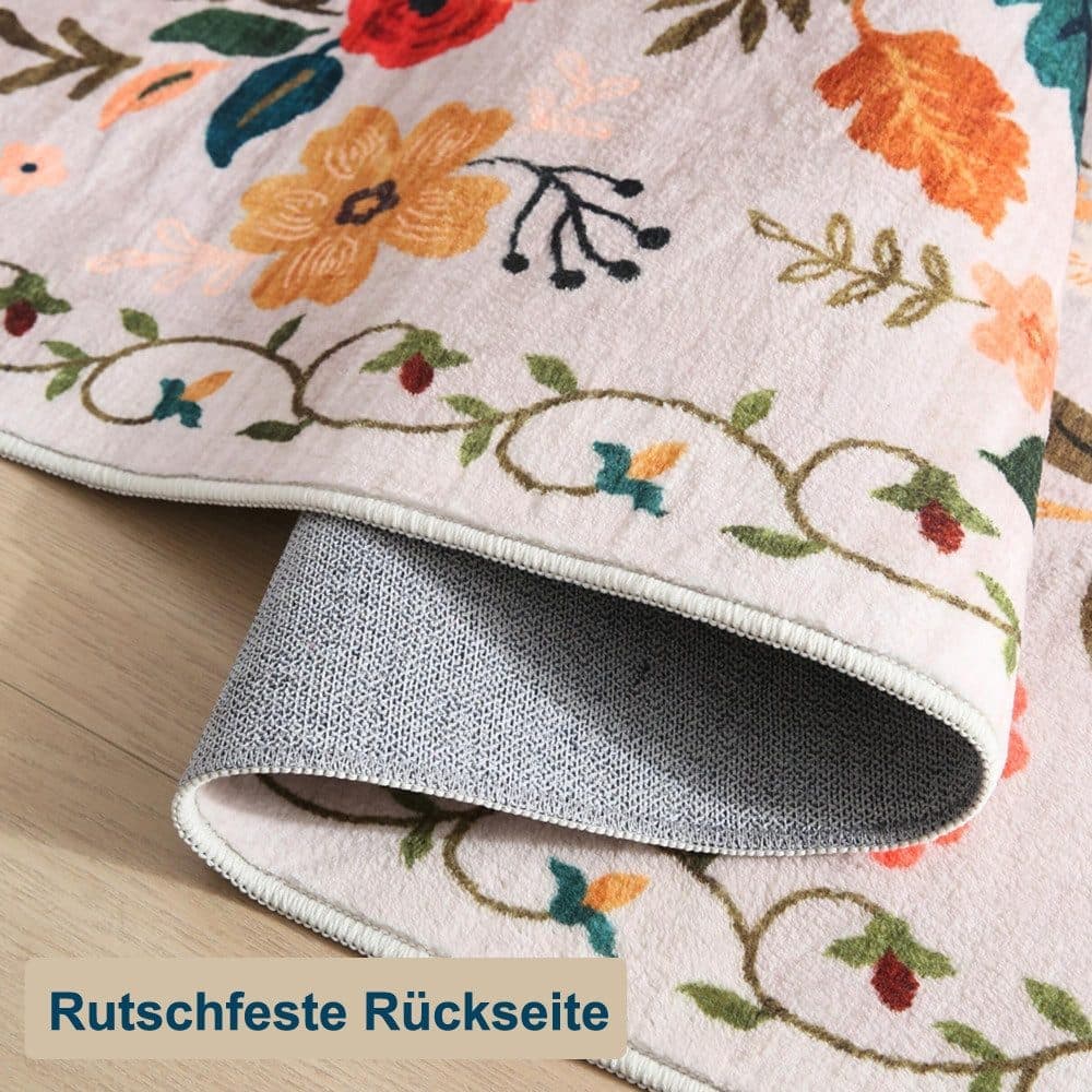 Bohemian Floral Doormat Non-slip Absorbent Dirt-Resistant Machine Washable for Bathroom Hallway and Kitchen, 50x80cm, Beige