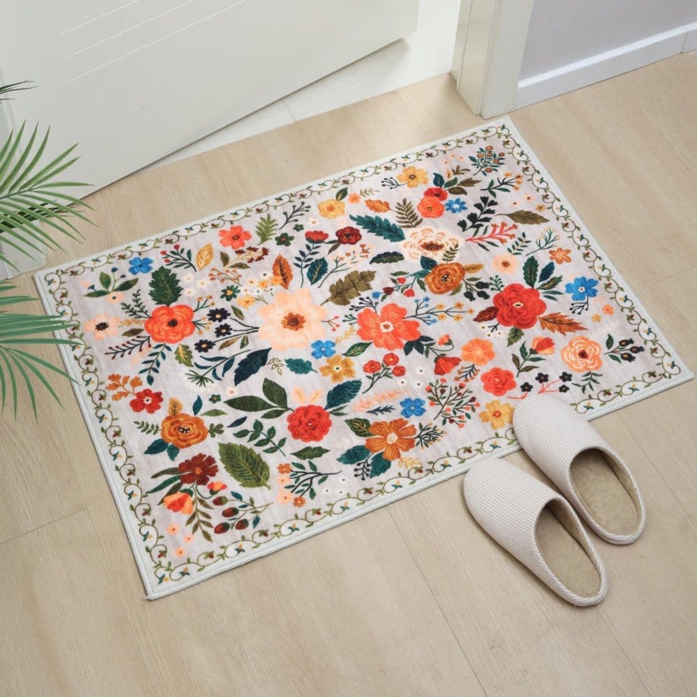 Bohemian Floral Doormat Non-slip Absorbent Dirt-Resistant Machine Washable for Bathroom Hallway and Kitchen, 50x80cm, Beige