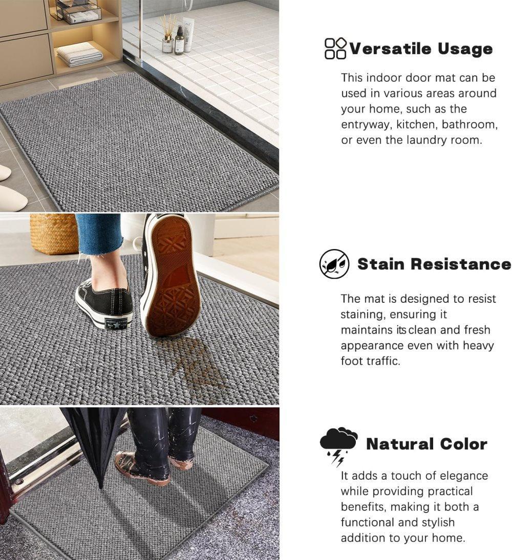 Non-Slip Jute-Like Doormat for Indoor Outdoor Use, Dust-Resistant Quick-Absorbing Welcome Mat, 60x90cm, Gray