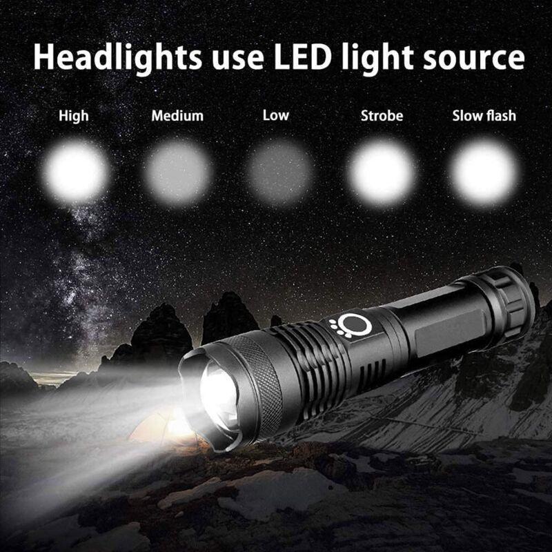 LED Flashlight, 5000 Lumens USB Rechargeable Tactical Torch, 5 Modes, Zoomable, Waterproof, 18650 Battery Included