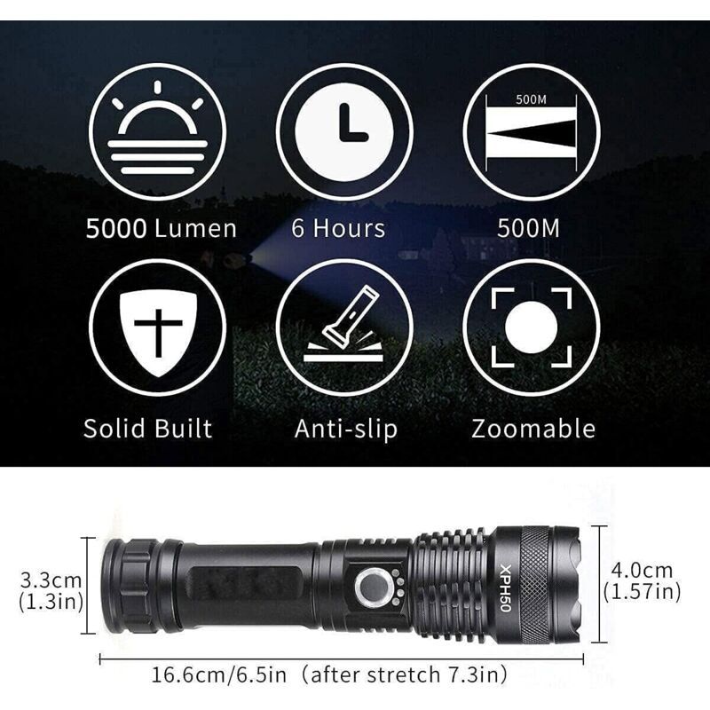 LED Flashlight, 5000 Lumens USB Rechargeable Tactical Torch, 5 Modes, Zoomable, Waterproof, 18650 Battery Included
