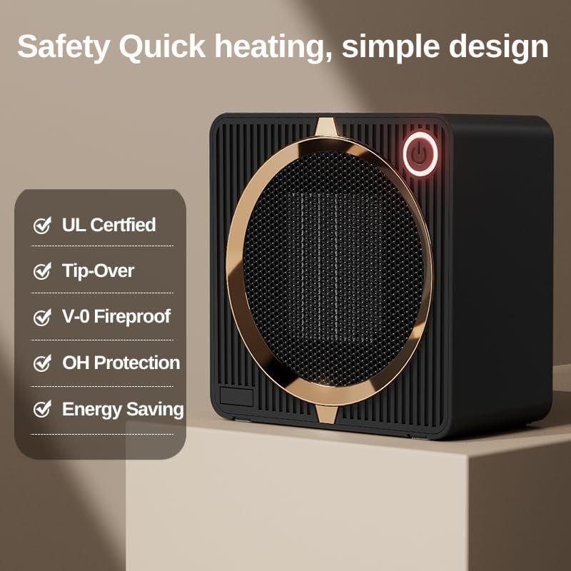 Portable Mini Space Heater, 500W PTC Ceramic Fast Heating Desktop Heater with Overheat & Tip-Over Protection, 180° Wide Angle Quiet Personal Heater for Office, Home, Bedroom - Black