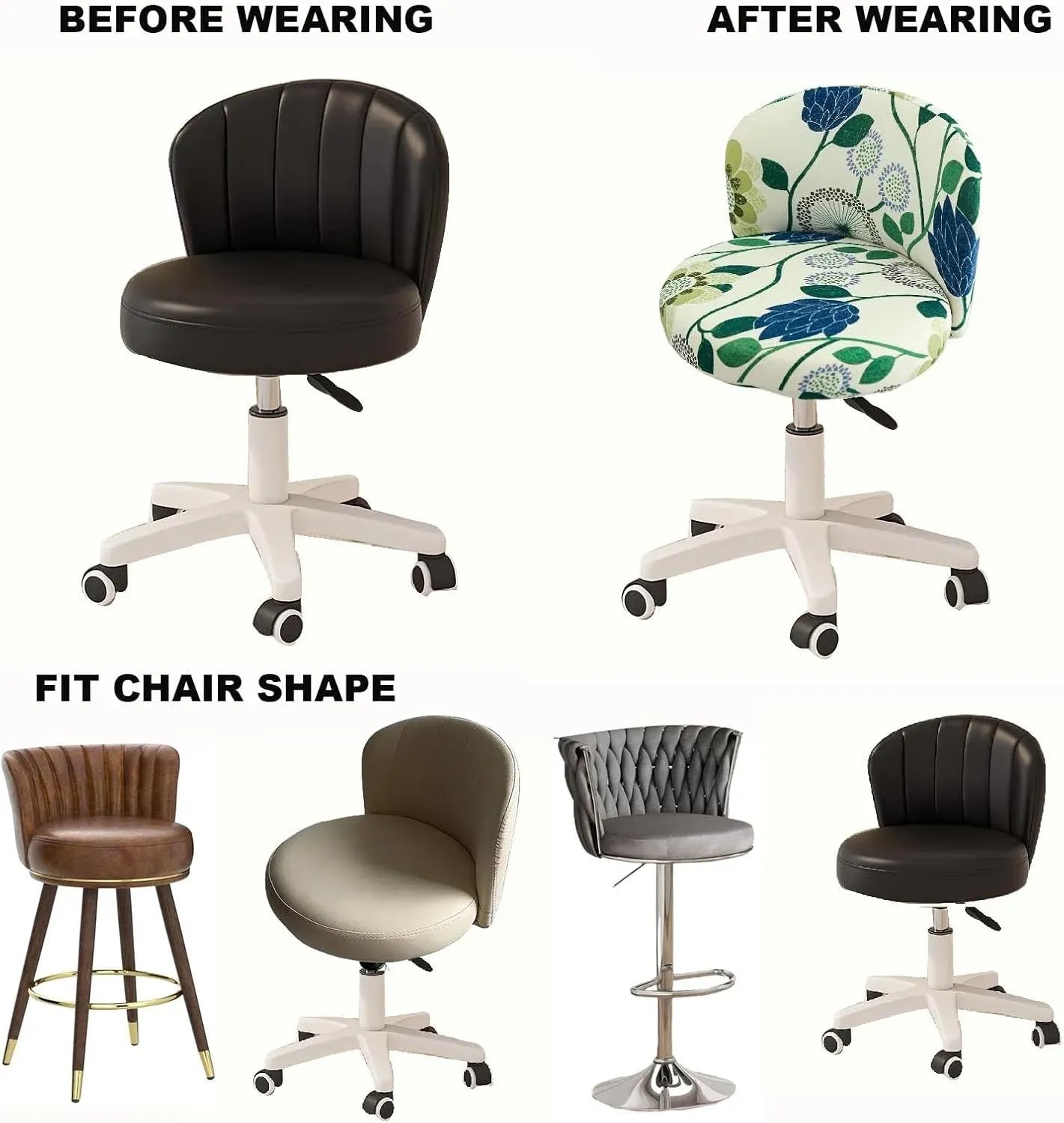 Round Back Chair Cover, Stretch Slipcover for Swivel Salon Vanity Stool, White 13-15 In