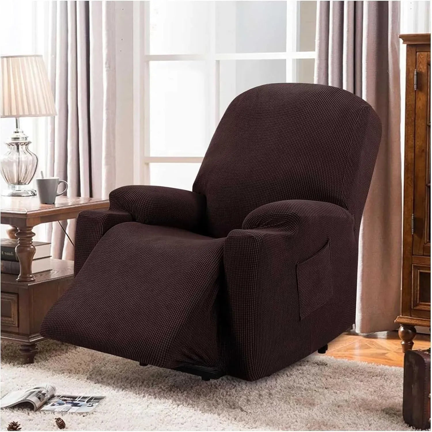 Power Lift Recliner Chair Cover, Stretch Jacquard Fitted Slipcover with Side Pocket, Brown