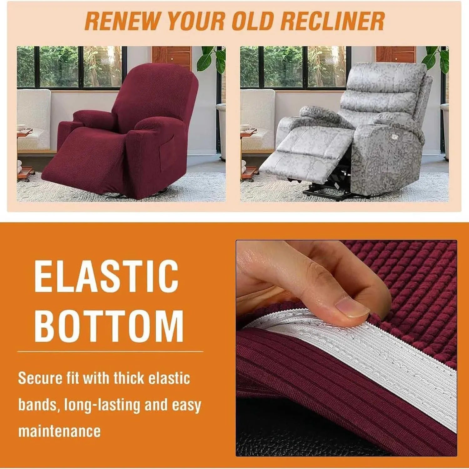 Power Lift Recliner Chair Cover, Stretch Jacquard Slipcover with Side Pocket, Wine Red