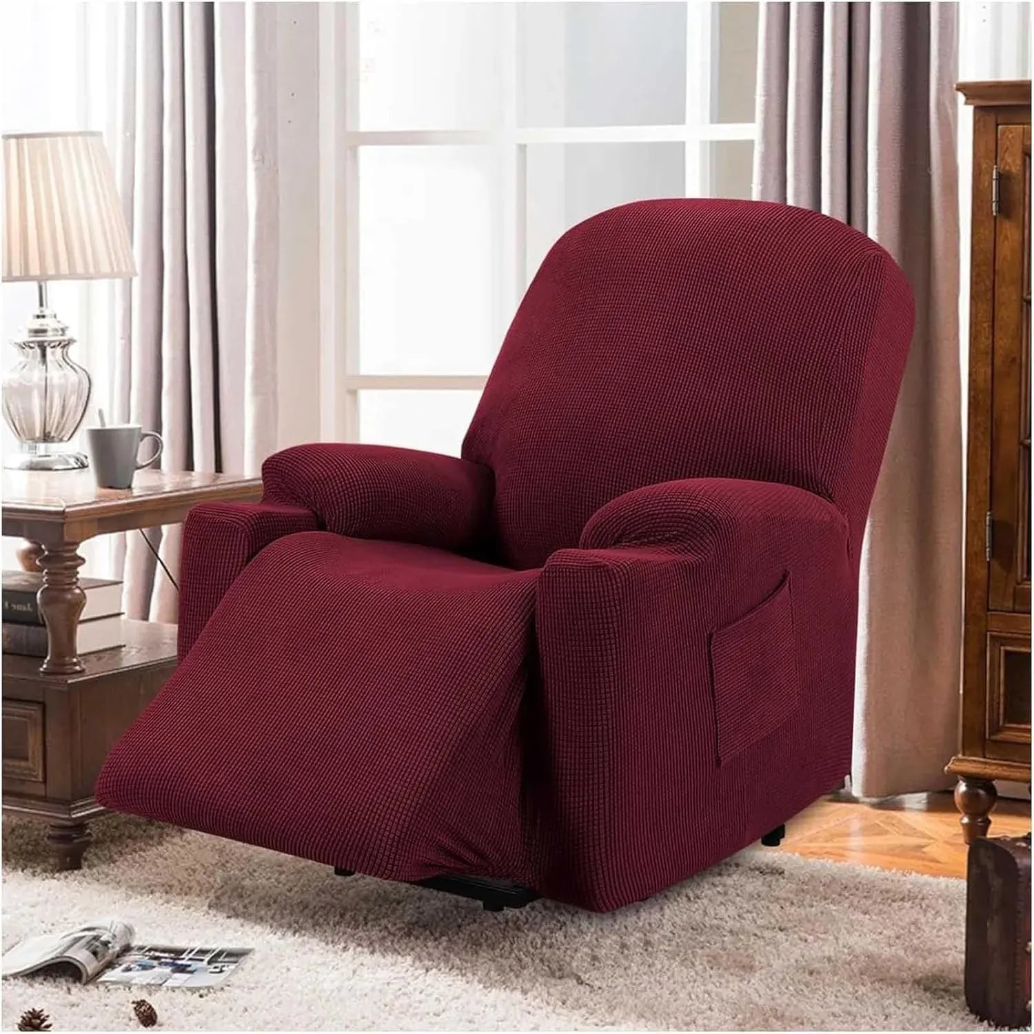 Power Lift Recliner Chair Cover, Stretch Jacquard Slipcover with Side Pocket, Wine Red