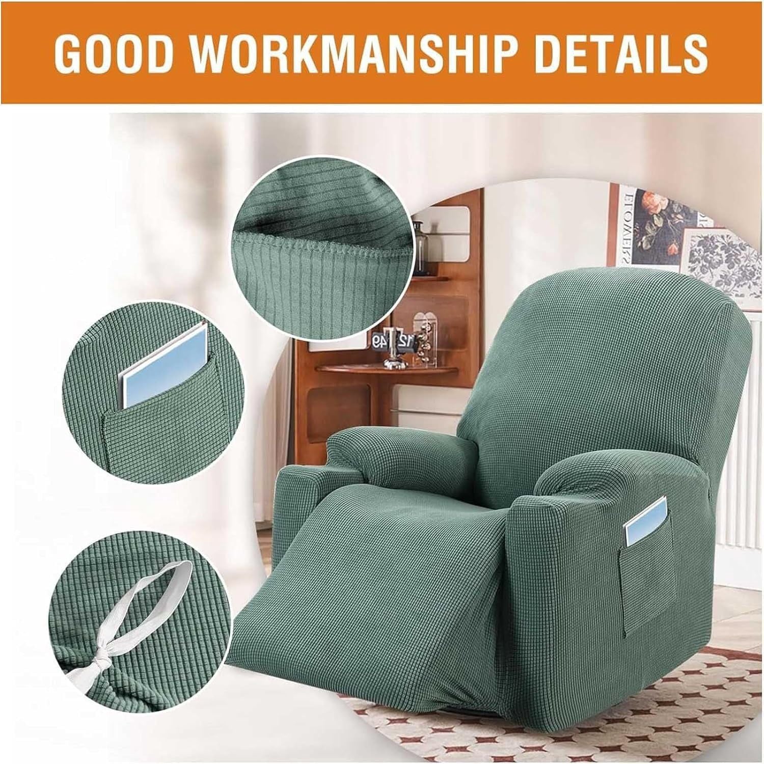 Power Lift Recliner Chair Cover, Stretch Jacquard Slipcover with Side Pocket, Sage Green