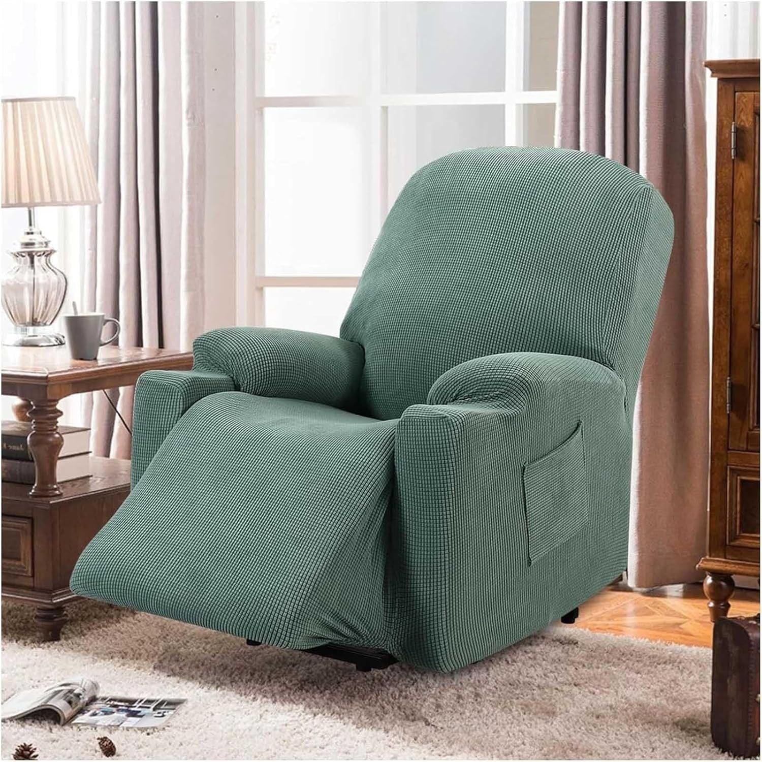 Power Lift Recliner Chair Cover, Stretch Jacquard Slipcover with Side Pocket, Sage Green