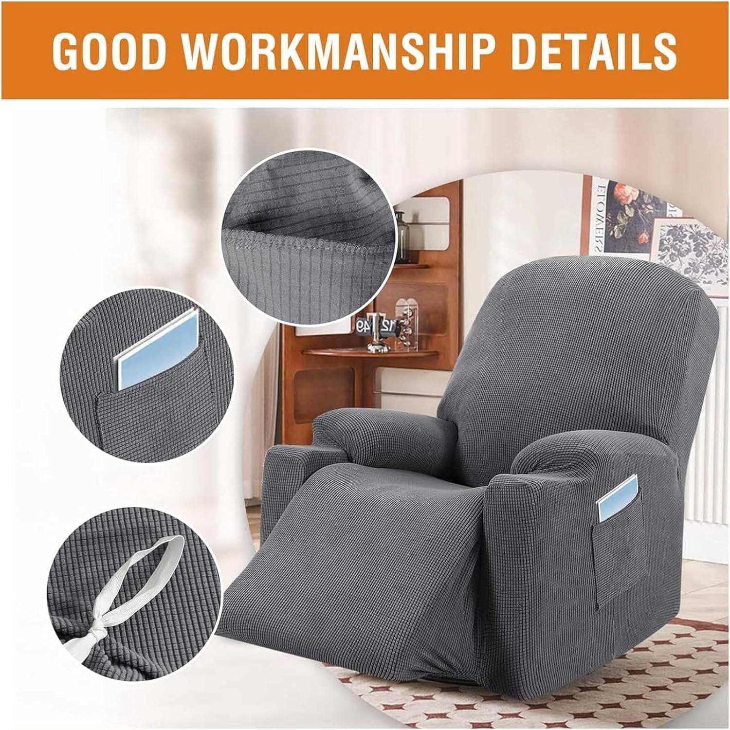 Power Lift Recliner Chair Cover, Stretch Jacquard Fitted Slipcover with Side Pocket, Gray