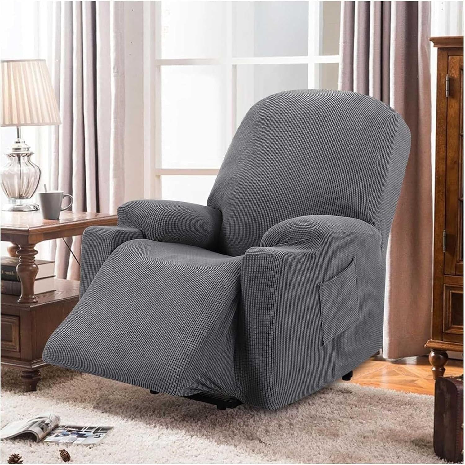 Power Lift Recliner Chair Cover, Stretch Jacquard Fitted Slipcover with Side Pocket, Gray