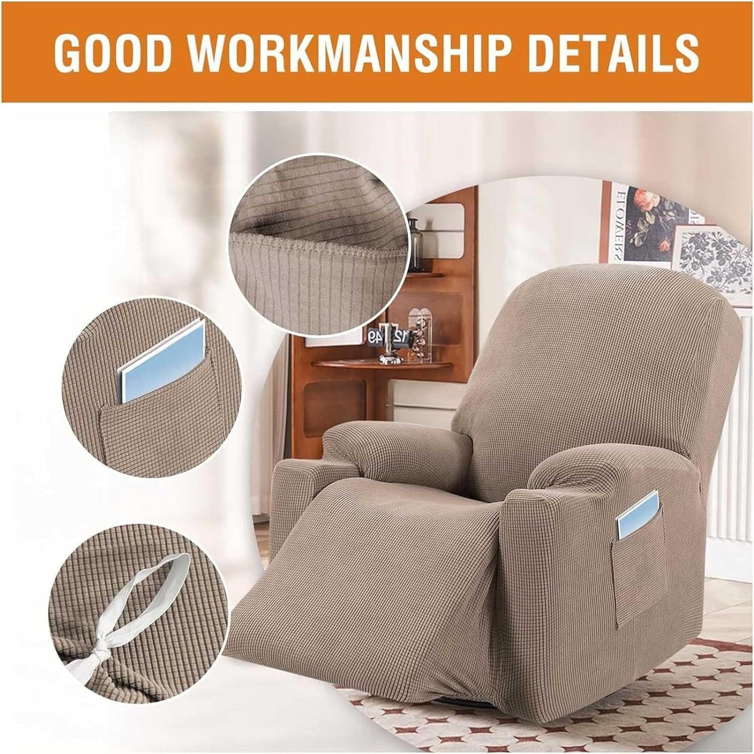 Power Lift Recliner Chair Cover, Stretch Jacquard Fitted Slipcover with Side Pocket, Beige