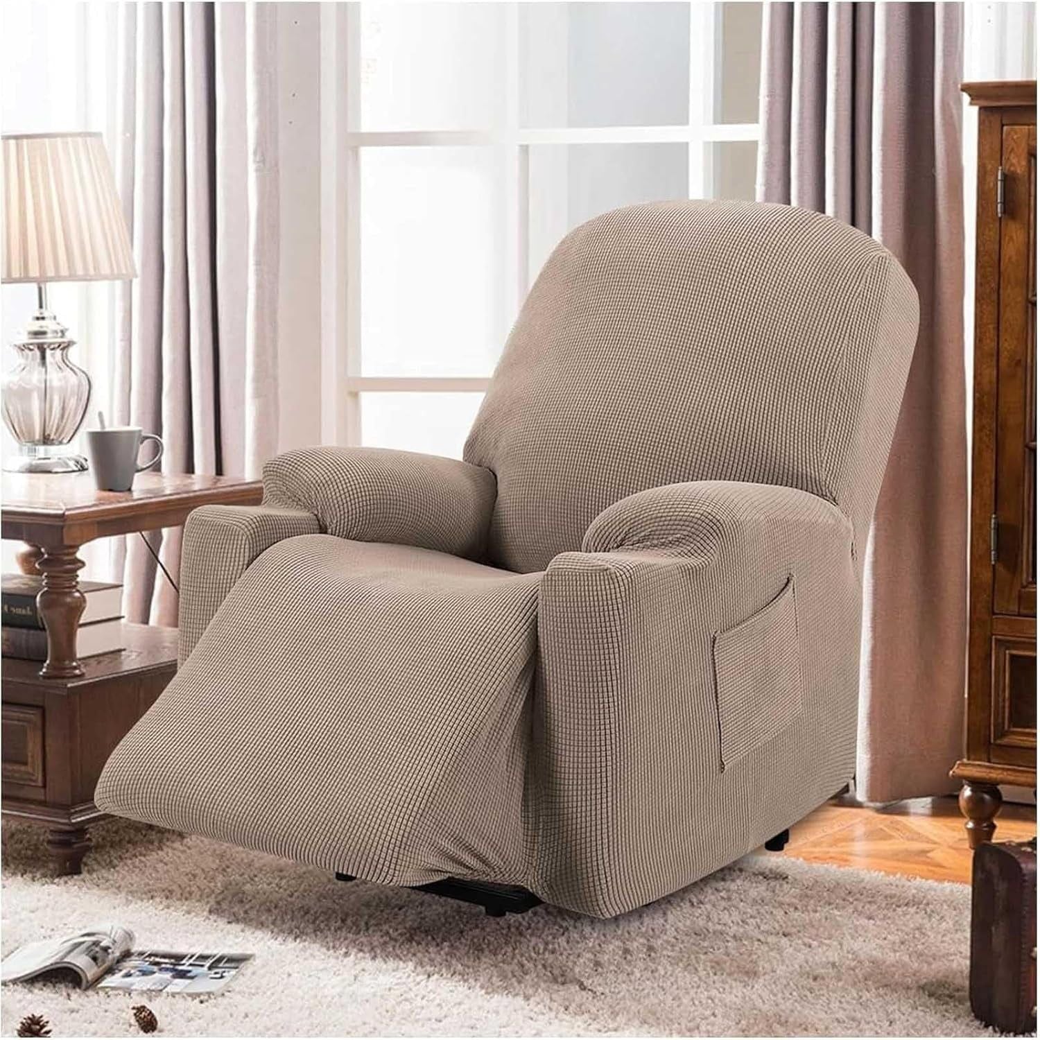 Power Lift Recliner Chair Cover, Stretch Jacquard Fitted Slipcover with Side Pocket, Beige