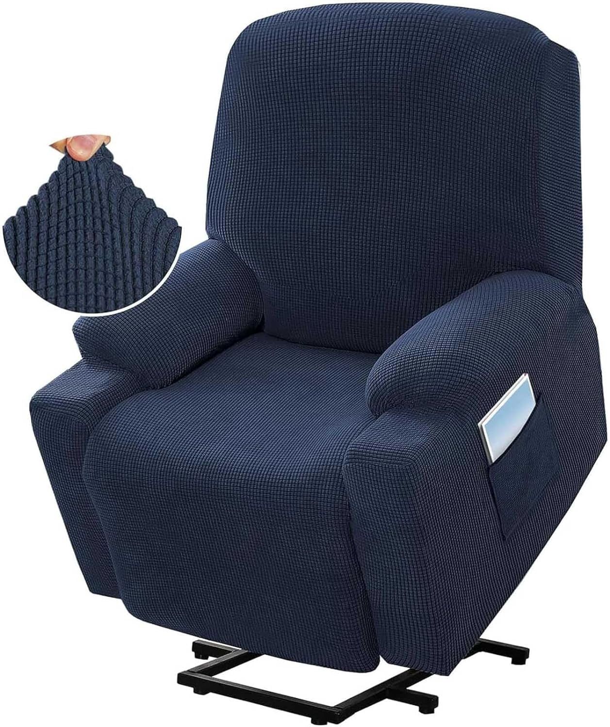 Power Lift Recliner Chair Cover, Stretch Jacquard Slipcover with Side Pocket, Navy Blue