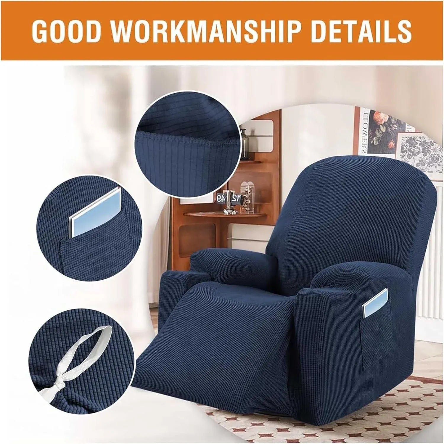 Power Lift Recliner Chair Cover, Stretch Jacquard Slipcover with Side Pocket, Navy Blue