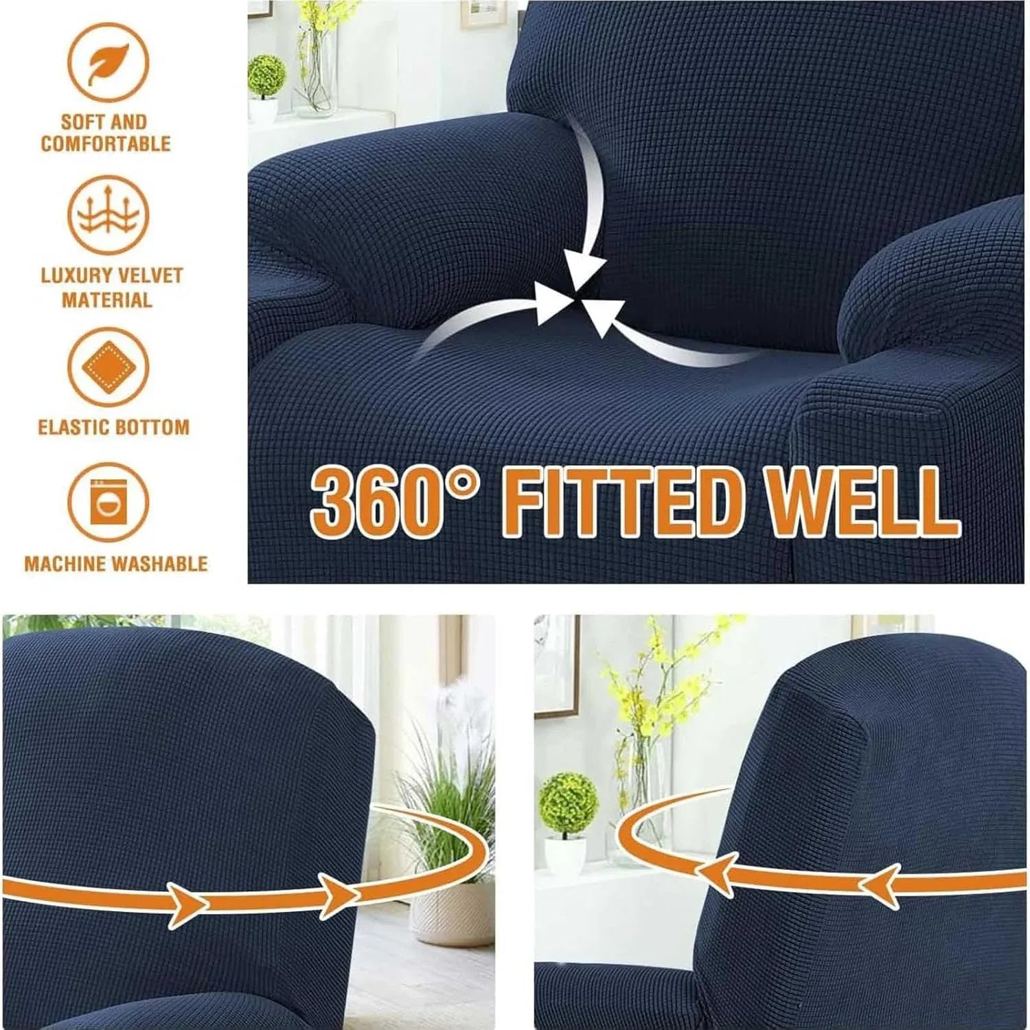 Power Lift Recliner Chair Cover, Stretch Jacquard Slipcover with Side Pocket, Navy Blue