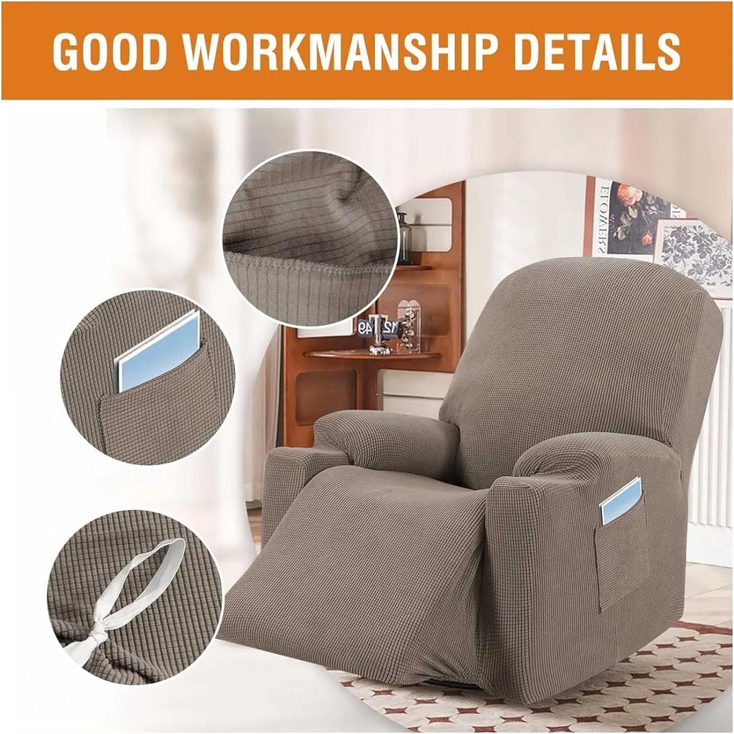 Power Lift Recliner Chair Cover, Stretch Jacquard Fitted Slipcover with Side Pocket, Taupe