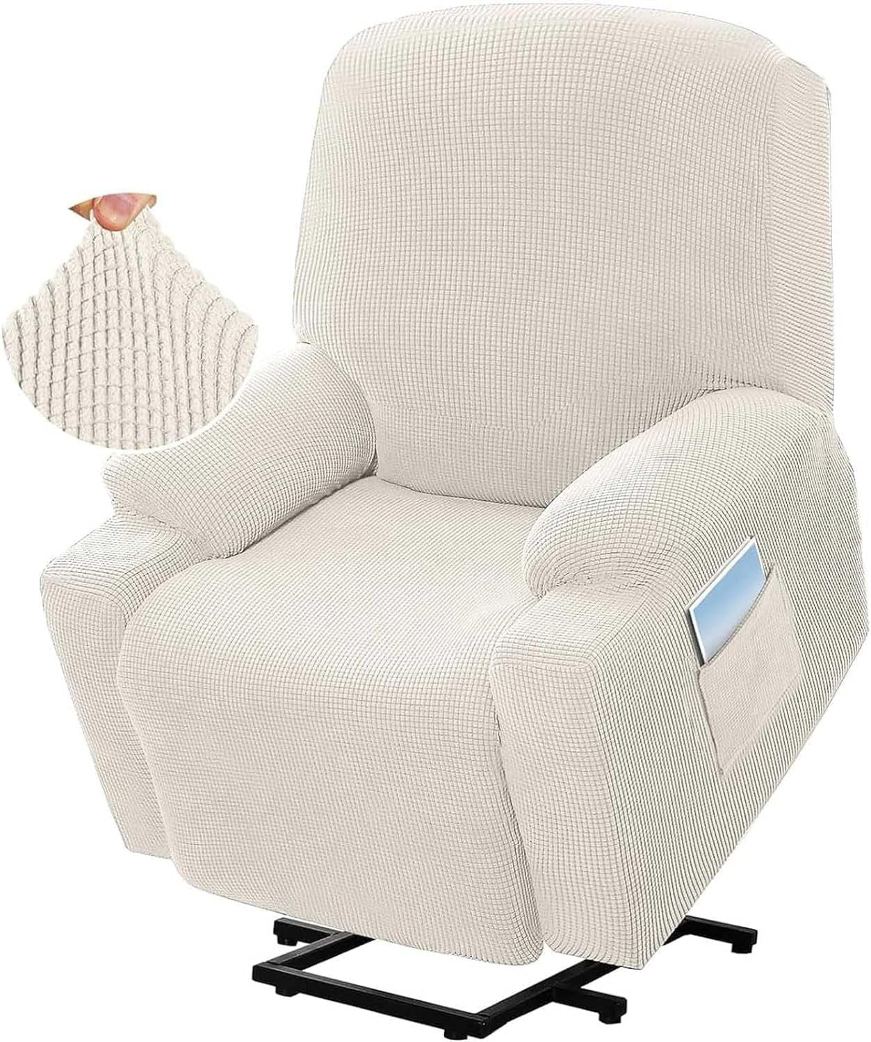 Power Lift Recliner Chair Cover, Stretch Jacquard Fitted Slipcover with Side Pocket, Cream