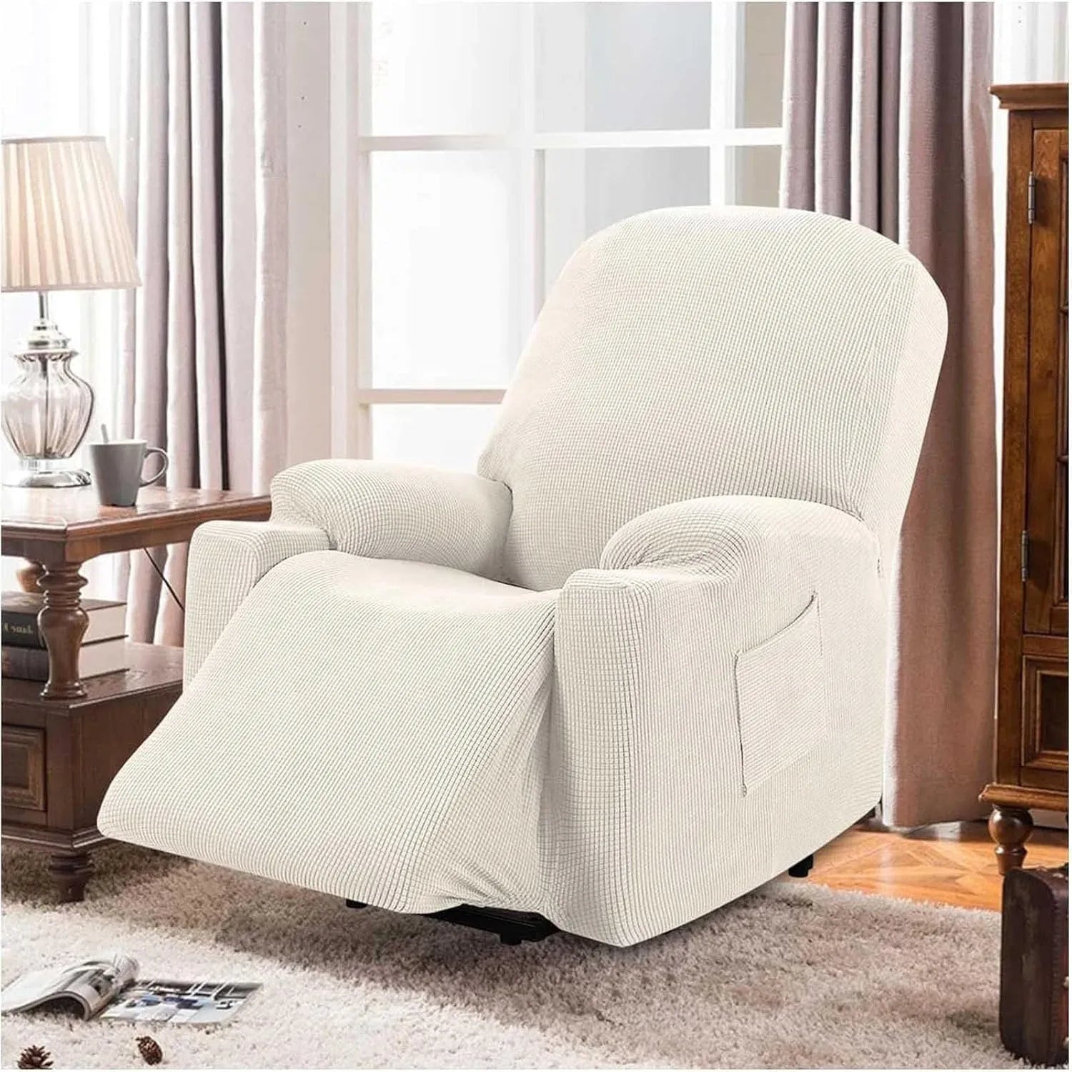 Power Lift Recliner Chair Cover, Stretch Jacquard Fitted Slipcover with Side Pocket, Cream