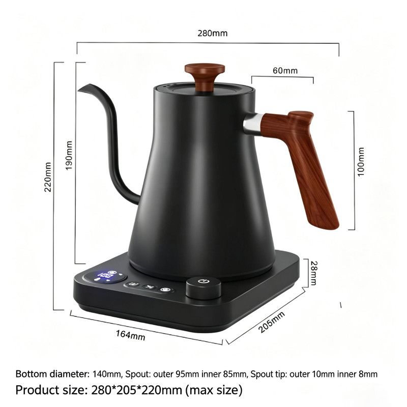 Gooseneck Electric Kettle - 0.9L - With Temperature Control - Stainless Steel 304 - Ultra-Silent - Black