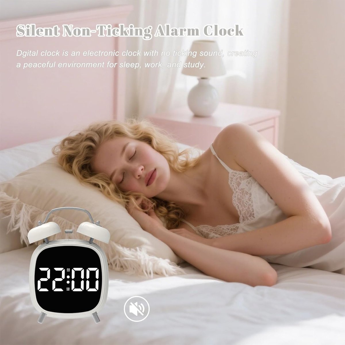 Alarm clock with double bell - Loud and creative alarm clock - Adjustable brightness in three levels - Small battery-operated digital alarm clock - Suitable for living room, bedroom, and study (white)