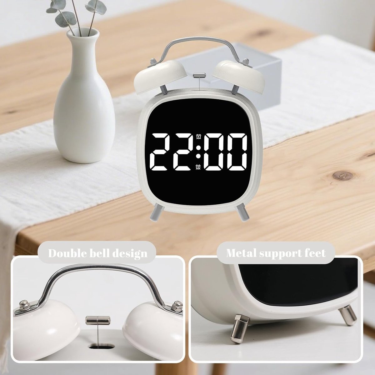 Alarm clock with double bell - Loud and creative alarm clock - Adjustable brightness in three levels - Small battery-operated digital alarm clock - Suitable for living room, bedroom, and study (white)