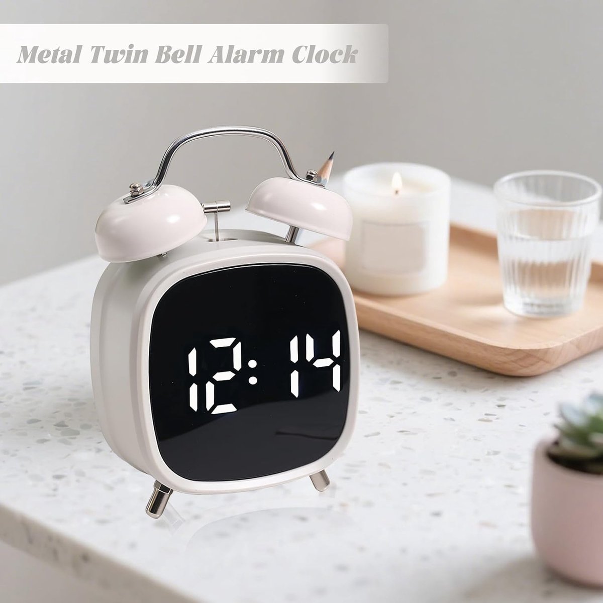 Alarm clock with double bell - Loud and creative alarm clock - Adjustable brightness in three levels - Small battery-operated digital alarm clock - Suitable for living room, bedroom, and study (white)