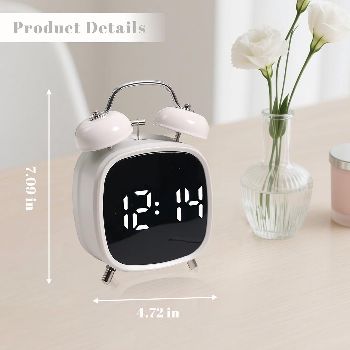 Alarm clock with double bell - Loud and creative alarm clock - Adjustable brightness in three levels - Small battery-operated digital alarm clock - Suitable for living room, bedroom, and study (white)