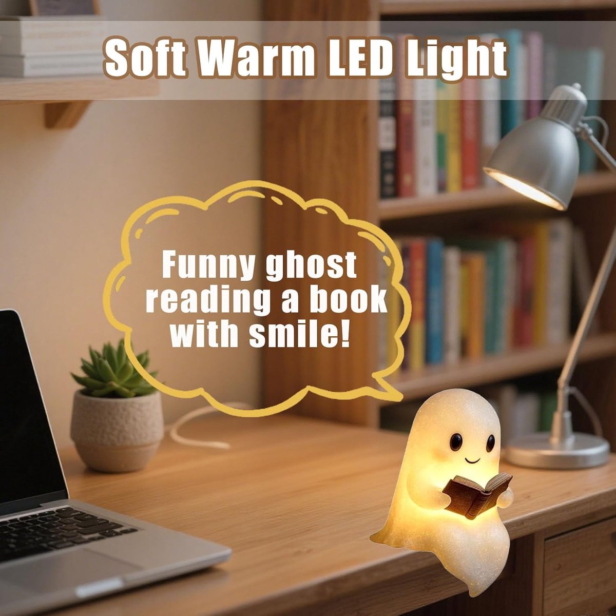 Halloween Cute Ghost Reading Lamp - Halloween Ghost Night Light - Halloween Decoration - Ghost Reading Book Lamp - Ghost Decoration - 3D LED Halloween Cute Ghost Figurine Fireplace Chimney Decoration for Home - 15 cm - Warmly Illuminated