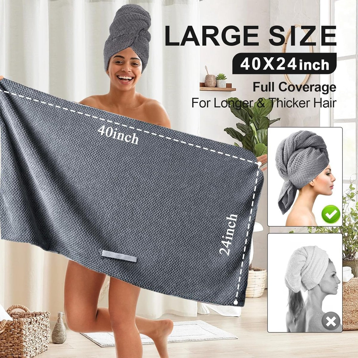 2 pieces - Microfiber Hair Towel - Microfiber Drying Towels - Microfiber towels - Hair Drying Towel - Hair Towel - Fast-drying Headscarf - wet hair towels - dry hair towels - for wet hair, showering and make-up - 100*60 cm - pink, grey