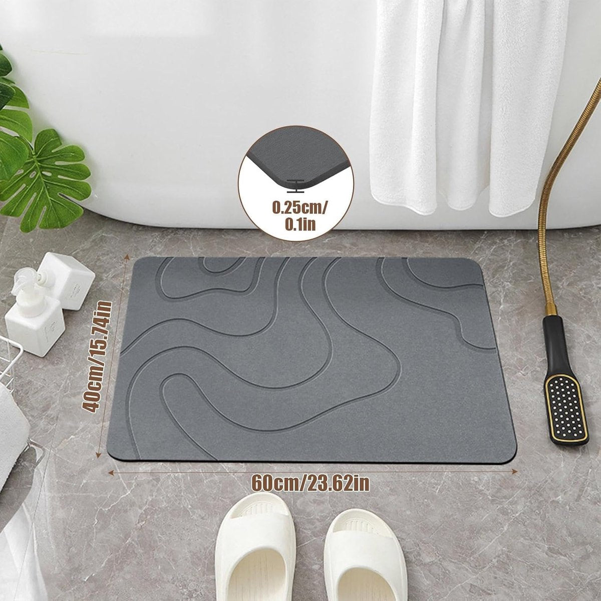 Absorbent Bath Mat - 40*60 cm - Diatomaceous Earth Bath Mat - Non-Slip Diatomite Mat - Non-Slip Shower Mat - Shower Mat - Bathroom Mat - Toilet Mat - non-slip bath mat - water-absorbent mat - entrance doormat - quick-drying bath mat - dark grey