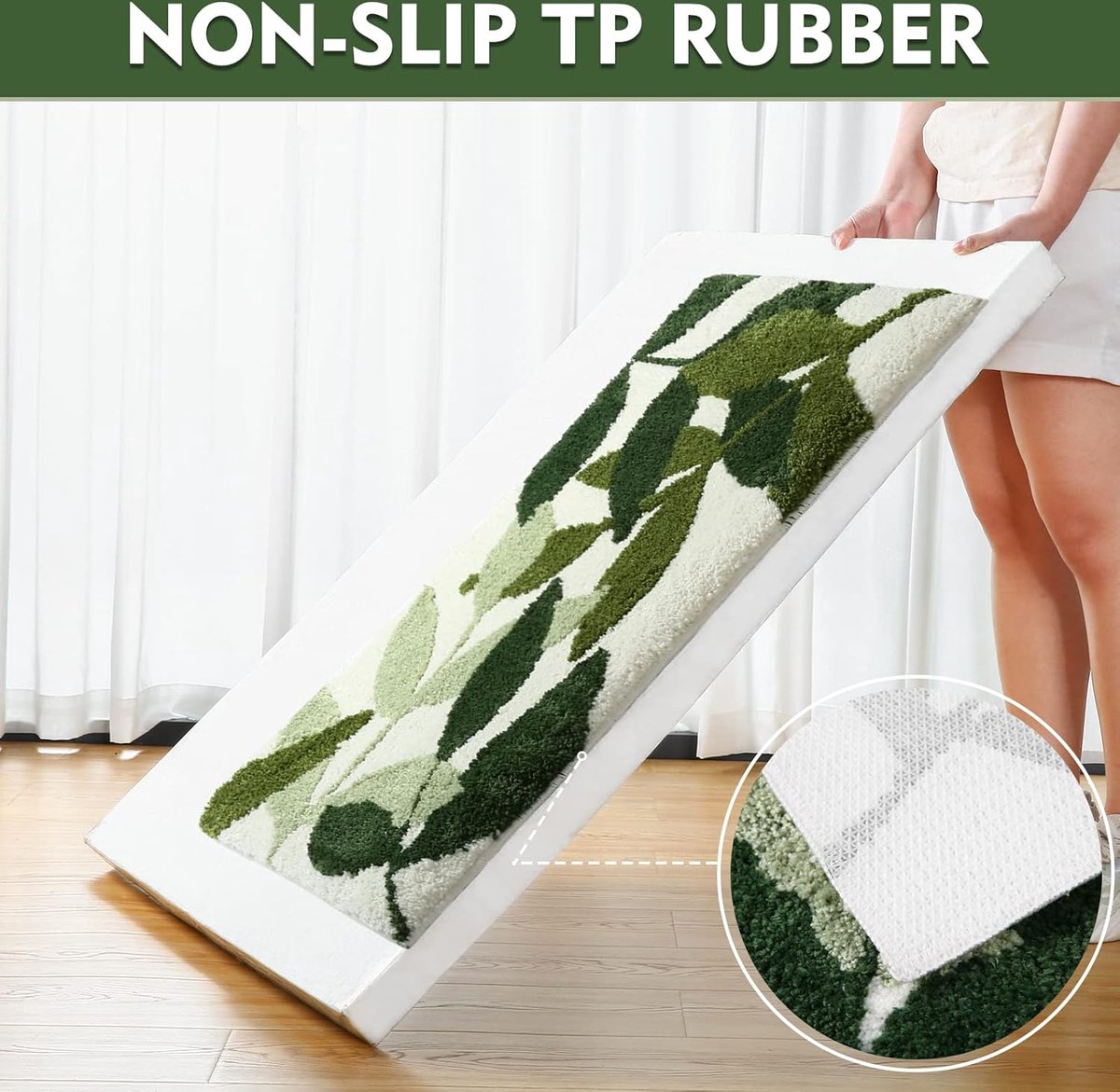 Non-slip bath mat - Non-slip bath mat - 45x65cm - durable water-absorbent bathroom rug - machine washable - soft and comfortable doormat - green leaves - Non-slip - Doormat