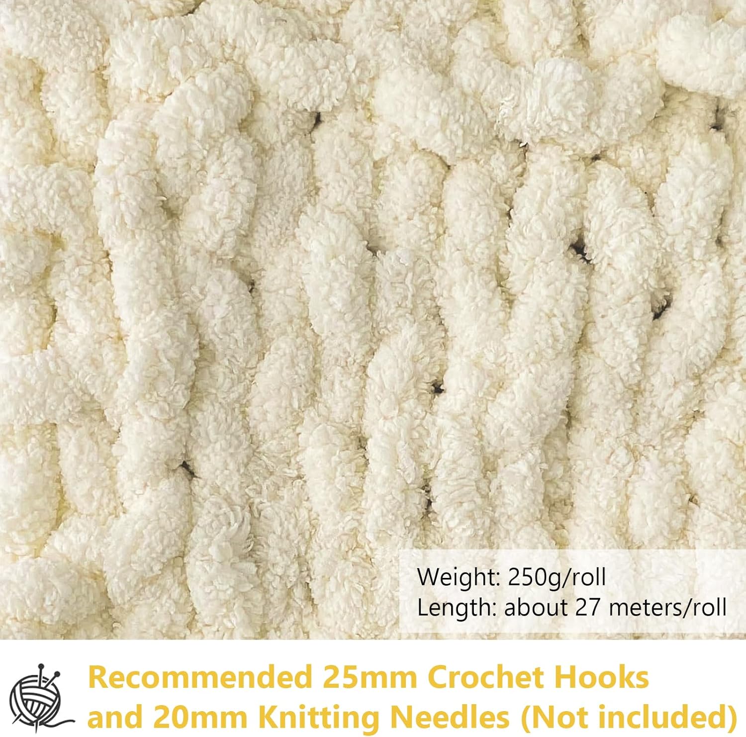 Chunky Chenille Fur Yarn Soft Wool Knitting Yarn 500g (250gx2) approx 54m Compatible with Crochet for Blankets Scarfs Hats Beige