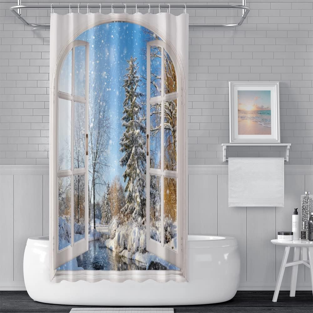 Winter Snow Scene Shower Curtain 180cm x 180cm Blue Sky Christmas Tree River Holiday Bath Curtain