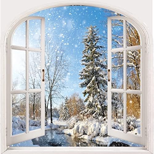 Winter Snow Scene Shower Curtain 180cm x 180cm Blue Sky Christmas Tree River Holiday Bath Curtain