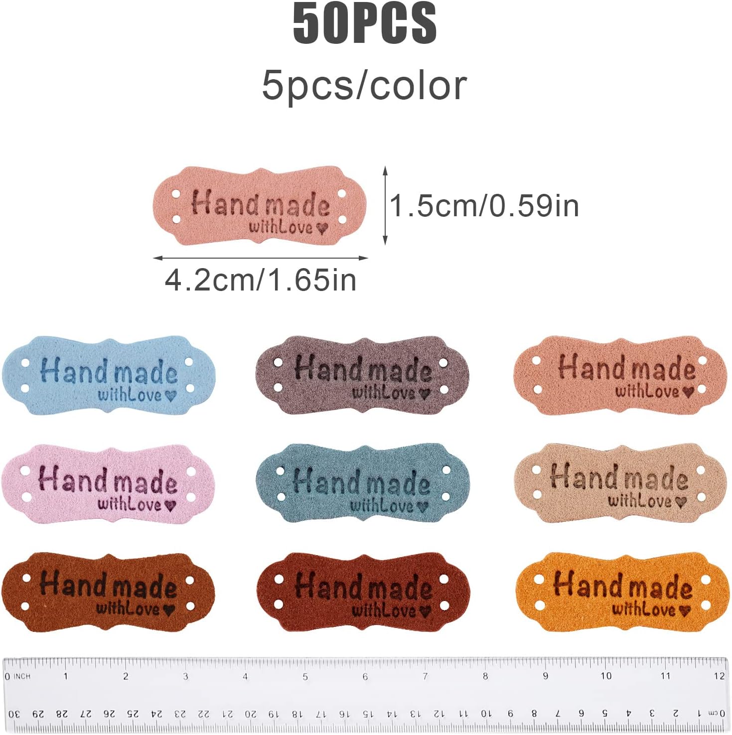SAVITA 50 x Handmade Leather Labels with Microfibre Woven Leather Labels with Love Hearts for Crafts, Knitting, Handbags, Clothes (10 Colours)