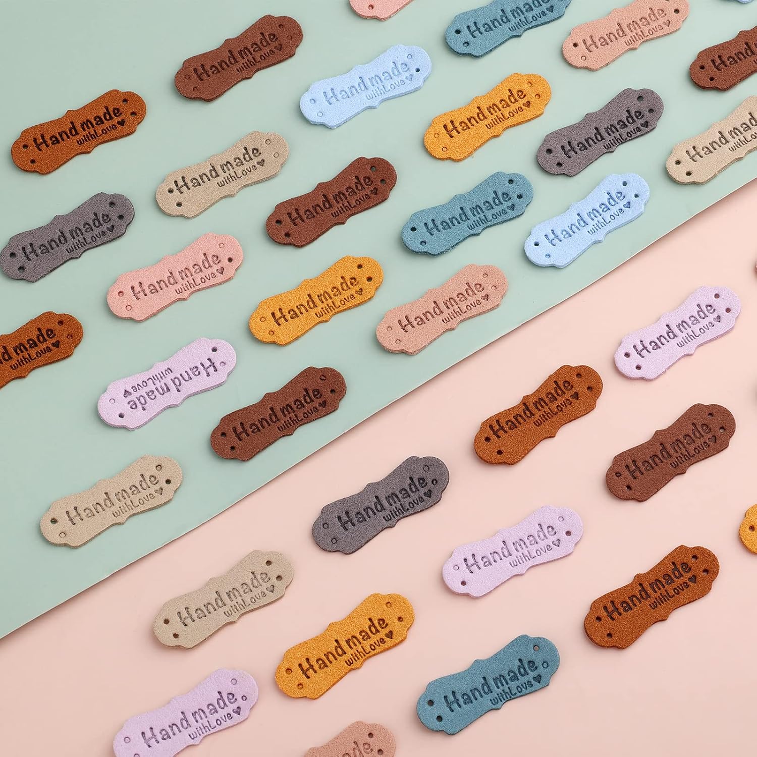 SAVITA 50 x Handmade Leather Labels with Microfibre Woven Leather Labels with Love Hearts for Crafts, Knitting, Handbags, Clothes (10 Colours)