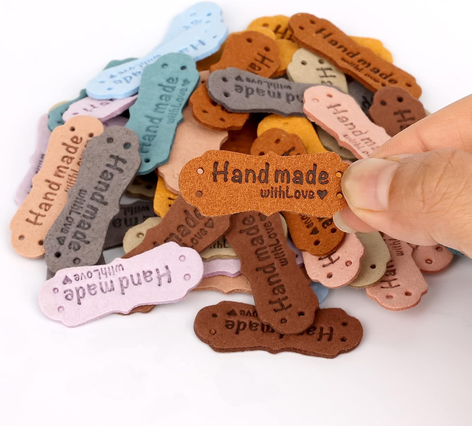 SAVITA 50 x Handmade Leather Labels with Microfibre Woven Leather Labels with Love Hearts for Crafts, Knitting, Handbags, Clothes (10 Colours)