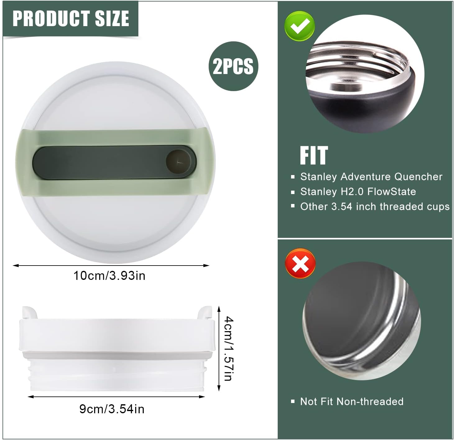 2pcs Green Tumbler Lids for Stanley Adventure Quencher & Quencher H2.0 40oz, No Leakage, Slide Closure, Plastic & Silicone, Dishwasher Safe