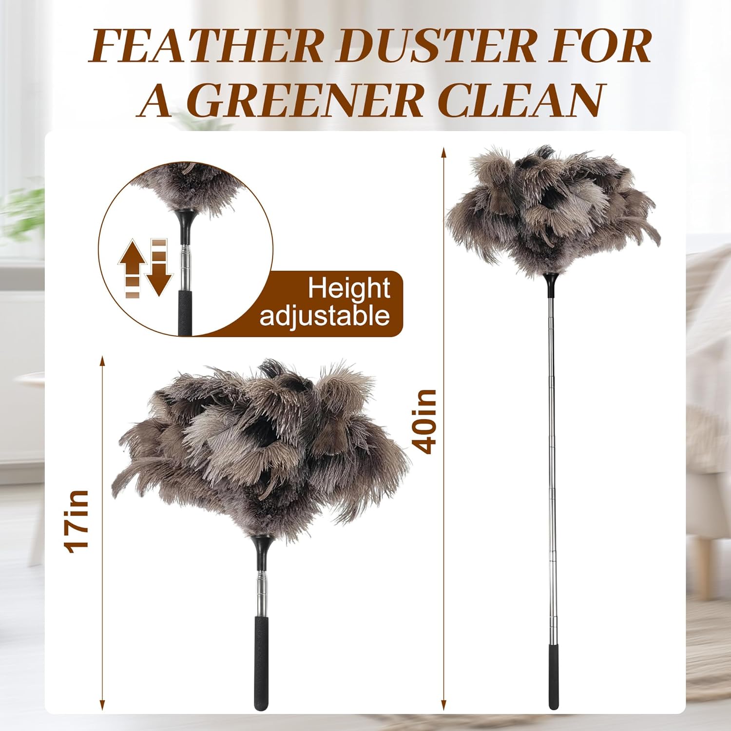 40 inches Extendable Ostrich Feather Duster， Fluffy Long Handle Reusable Duster for Cleaning Ceiling Fans, Pendant Lamps, High Ceilings, Blinds, and Furniture