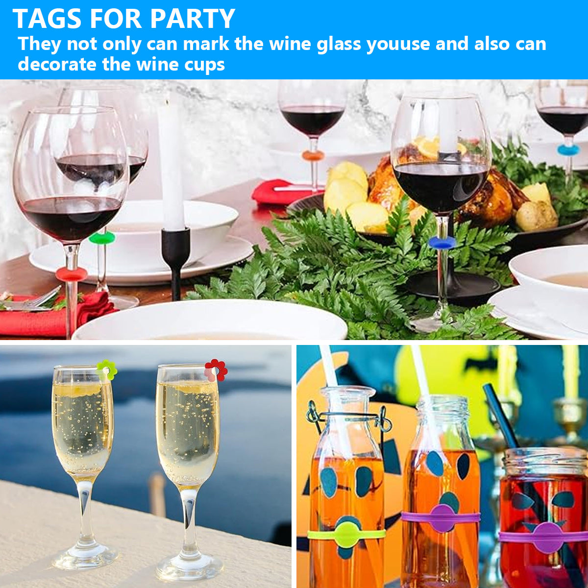 Glass Markers 60 pcs Silicone Reusable Compatible with Wine Glasses