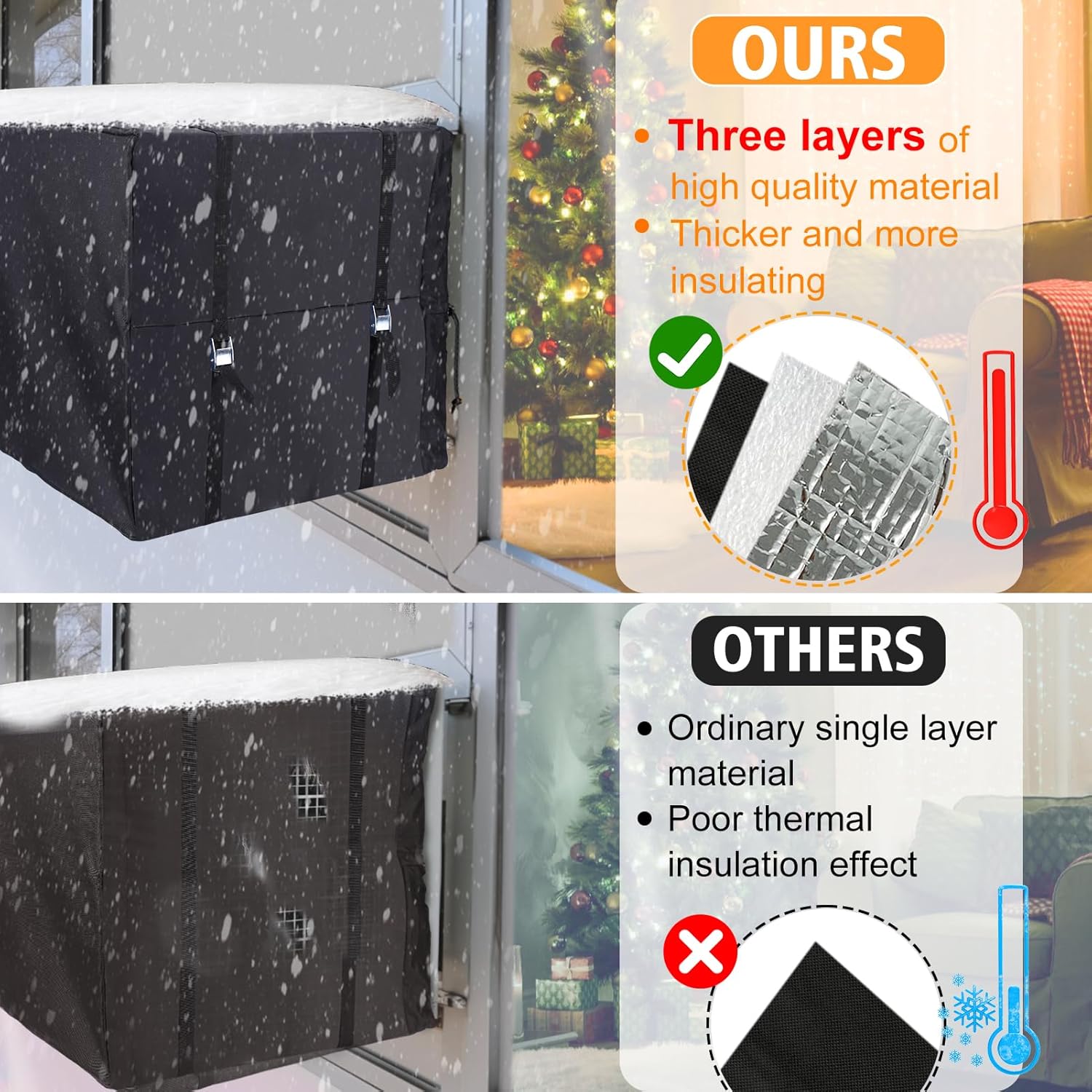Air Conditioner Covers for Window Units - 3 Layers Insulation Outside AC Cover with Elastic Drawstring Metal Buckle Strap, Outdoor Winter Waterproof AC Canopy Sun Shade - 27.5 × 22.5 × 18.5 Inch