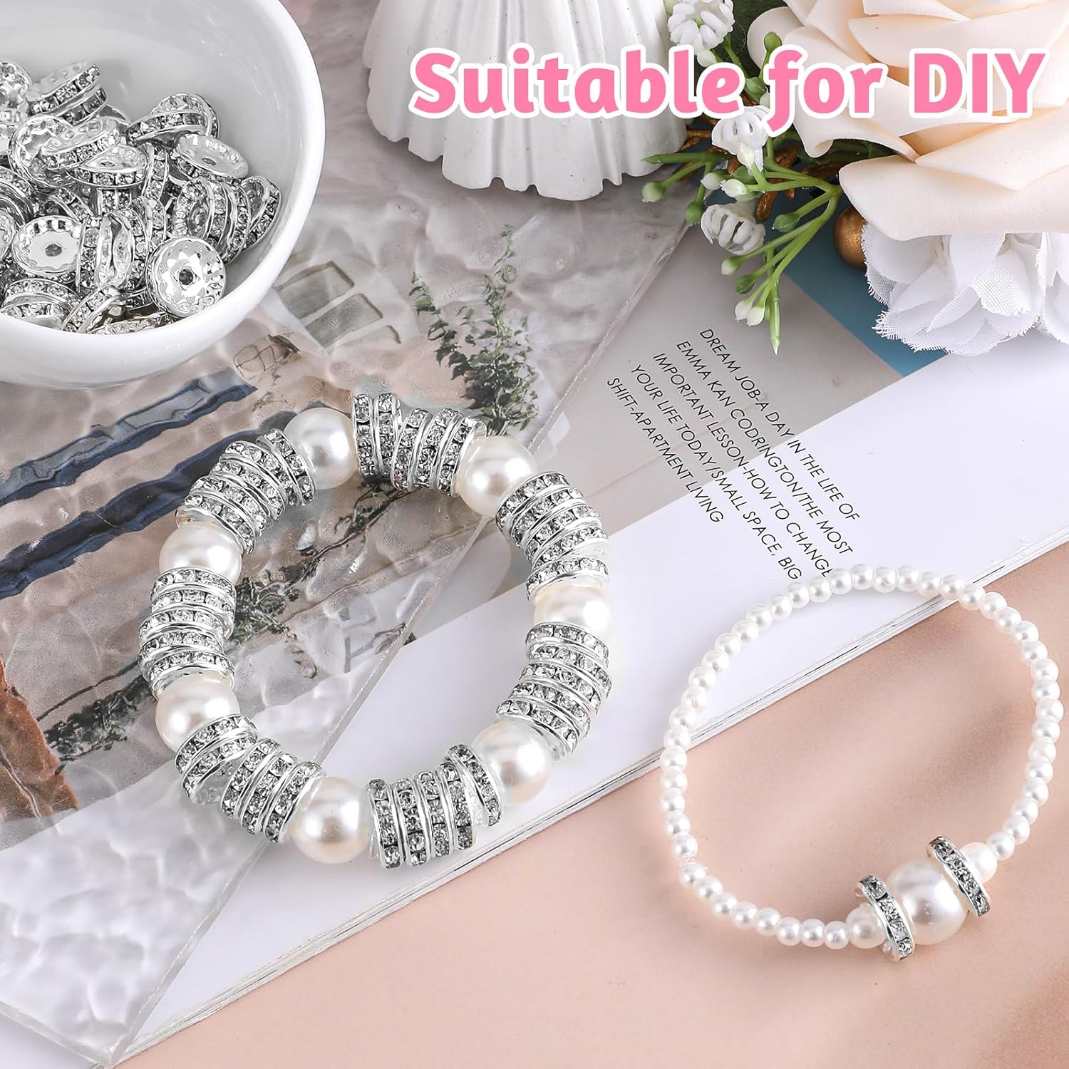 Rhinestone Beads for Pens Making, 100 Pcs 12mm Bulk Beadable Spacer Beads Rhinestone Bead Glitter Wave Diamond Crystal Bead for DIY Pens Bracelet Jewelry Making Craft Supplies(Style2)
