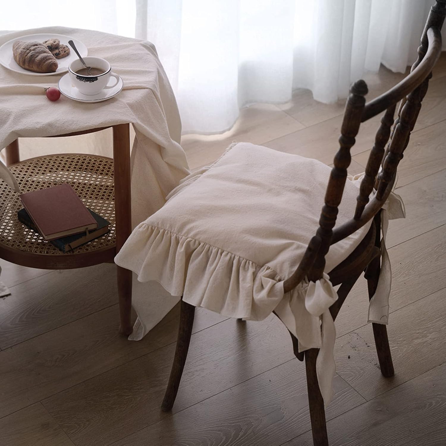 Ruffled Chair Cushions with Ties Elegant Vintage Cotton Chair Pads Soft Cotton Filled Seat Cushion for Farmhouse Home Kitchen Dining,Flesh,37 * 37cm