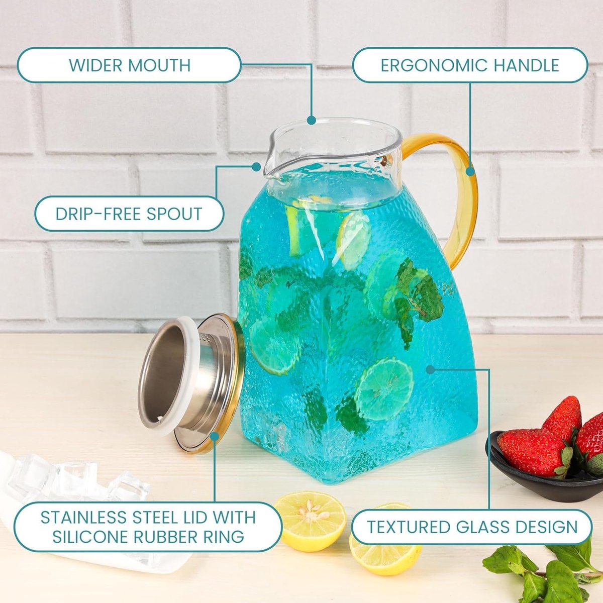 Water Juice - Fridge Door Juice - 1.8L Glass Juice - with Stainless Steel Lid - Juice Juice - For Hot and Cold Drinks - For Homemade Drinks - Juice - Ice - Tea - Coffee - Milk - Wine and Beverages