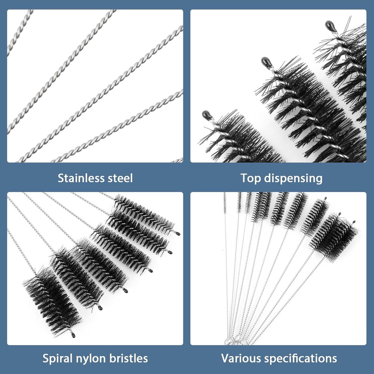 10-Piece Bottle Brush - Cleaning Brush Set - for pipes, keyboards, test tubes, kettle spouts, sinks, bottles and coffee makers