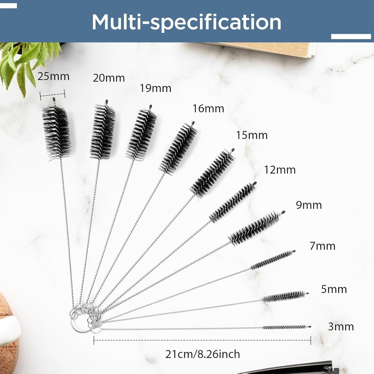 10-Piece Bottle Brush - Cleaning Brush Set - for pipes, keyboards, test tubes, kettle spouts, sinks, bottles and coffee makers