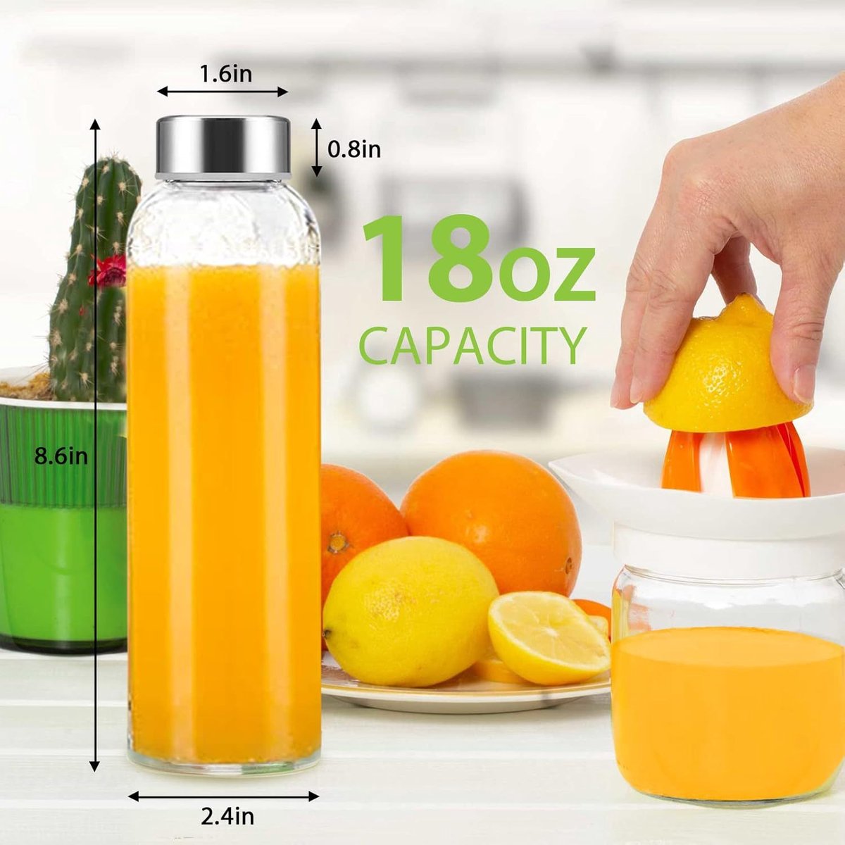 Glass Bottles - Set of 6 - 16oz Glass Juice Bottles for Drinking, Juicing & Tea Brewing with Lids - Leak-proof Set for Fridge Storage