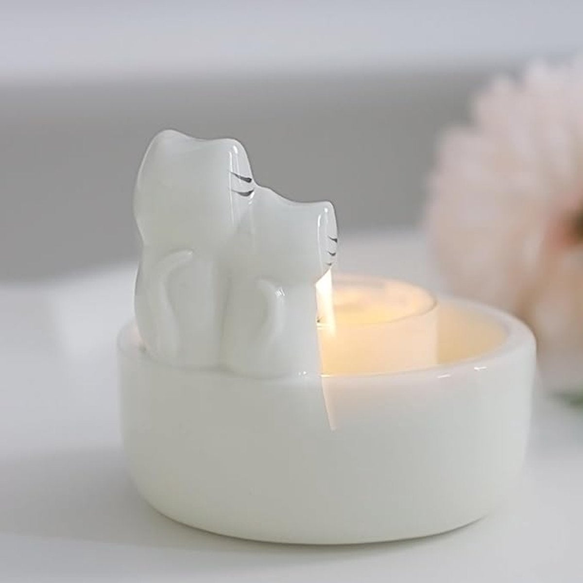 Candle Holder - 1 Piece Cartoon Cat Candle Holder - White Handmade Ceramic Candle Holder - Tea Candle Holder - Decorative Candle Holder - A Gift for Spending Warm Moments with Your Loved One - A Gift for Your Lover or Friend